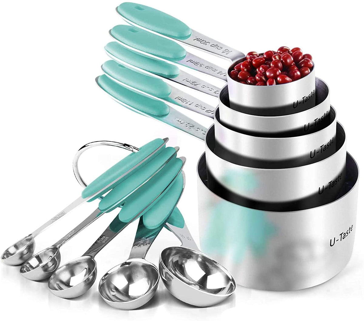U-Taste 18/8 Stainless Steel Measuring Cups and Spoons Set, Metal Stacking Measure Set for Baking Cooking, Reinforced Welded Joints, 10Pcs, Aqua Sky