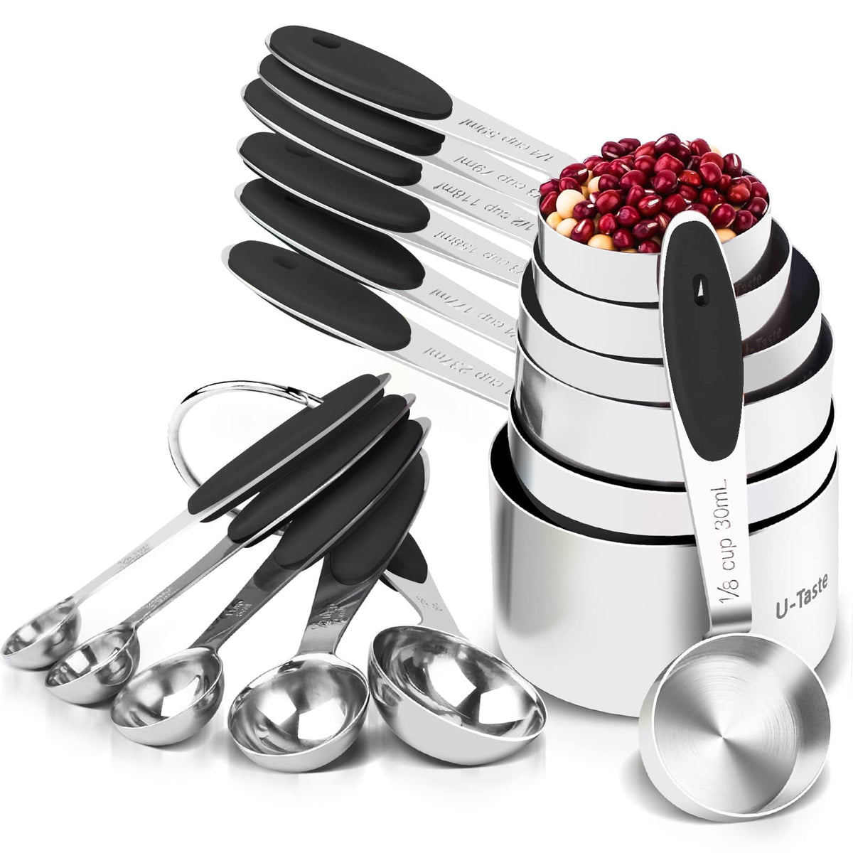 U-Taste 18/8 Stainless Steel Measuring Cups and Spoons Set, Metal Stacking Measure Set for Baking Cooking, Reinforced Welded Joints, 12Pcs, Black