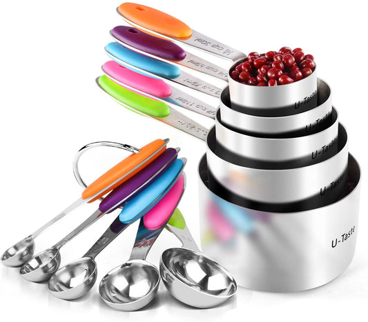 U-Taste 18/8 Stainless Steel Measuring Cups and Spoons Set: 12-Pcs Metal Stacking Measure Set for Baking Cooking with Strengthened Welds (Multicolor)