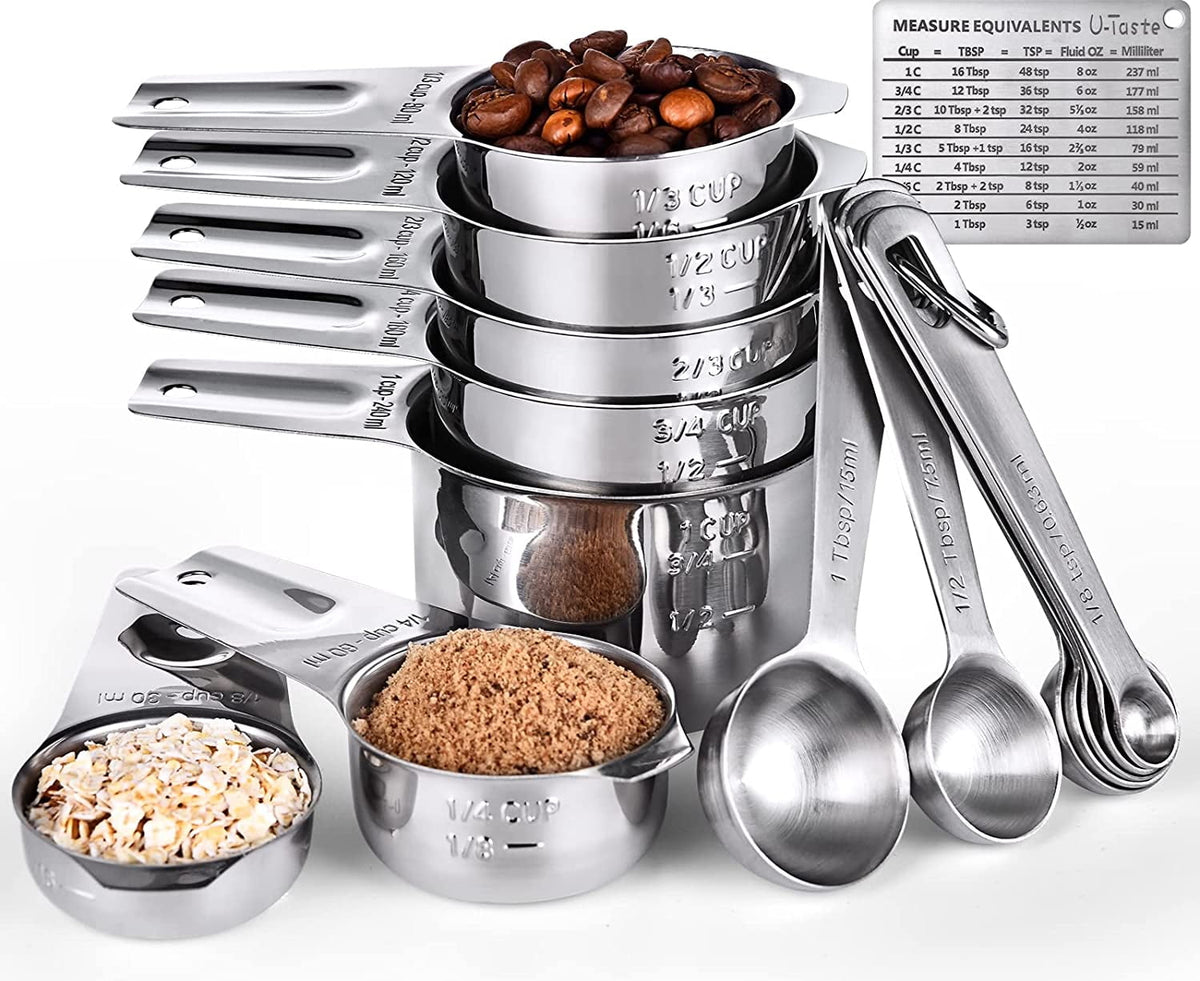 U-Taste Measuring Cups and Spoons Set, 18/8 Stainless Steel Kitchen Gadgets (7 Metal Measure Cups, 7 Measuring Spoons, 1 Magnetic Conversion Chart)