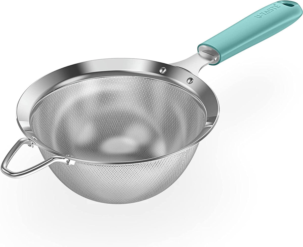U-Taste 18/8 Stainless Steel Mesh Strainer, 30 Mesh Fine Sieve Food Strainer, Kitchen Colander for Straining Quinoa/Flour/Pasta/Fruit, 5.5in, Aqua Sky