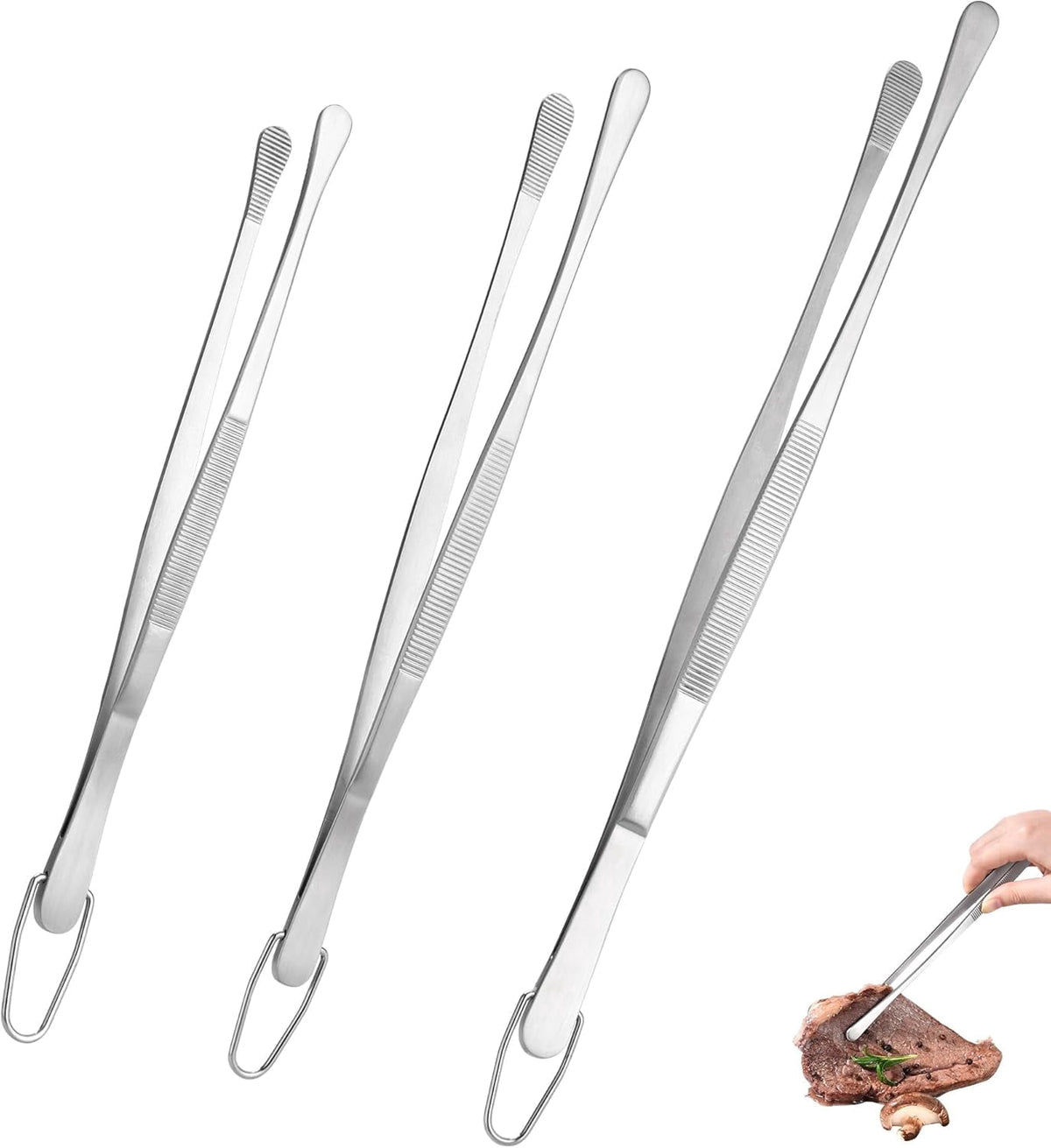 U-Taste Kitchen Cooking Tweezers, 18/8 Stainless Steel Food Grade Metal Food Tong with Non Slip Tips for Plating Serving Grilling, 8+10+12in/Round Tip