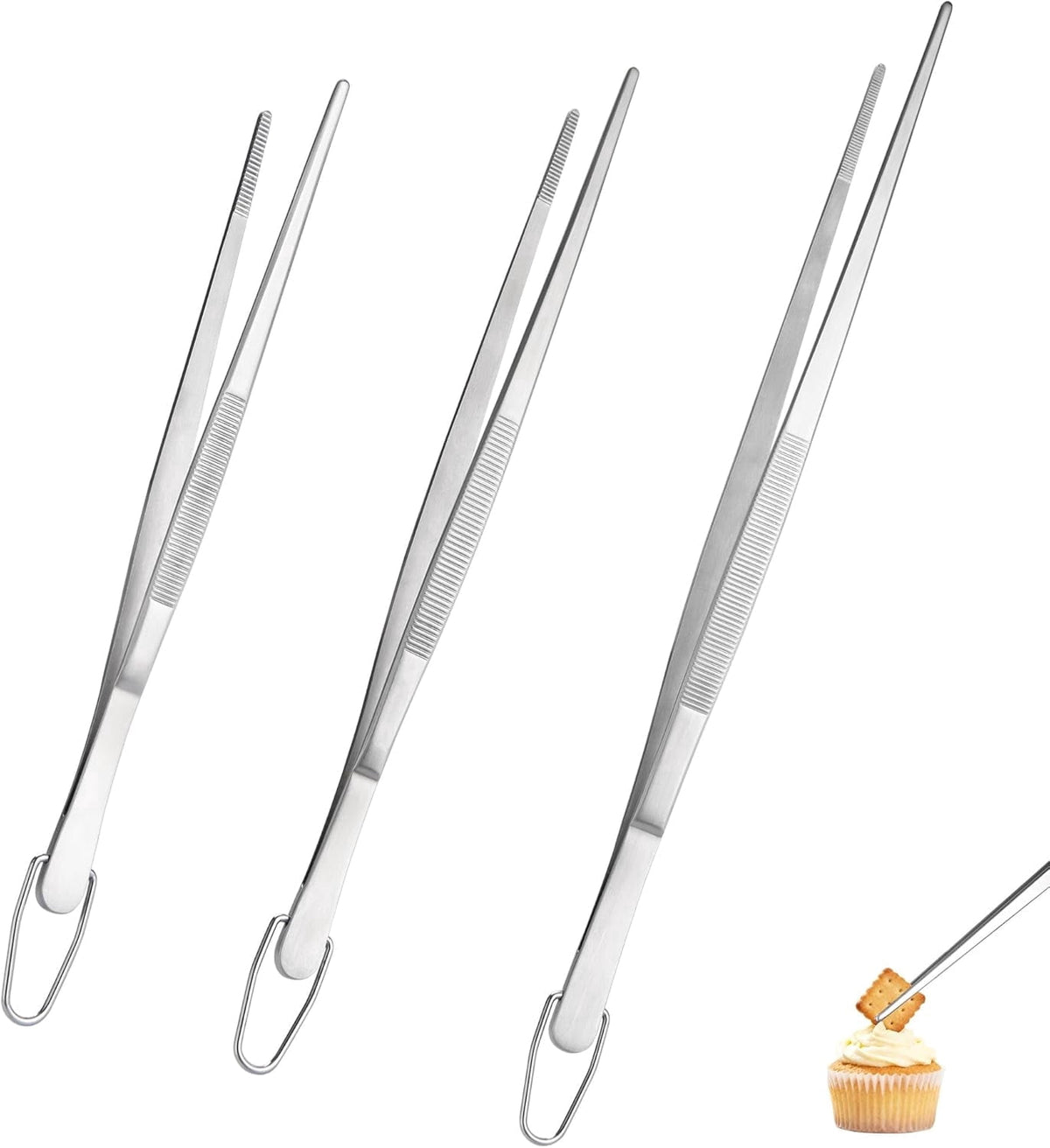 U-Taste Kitchen Cooking Tweezers, 18/8 Stainless Steel Food Grade Metal Food Tong, Non Slip Tips for Plating Serving Grilling, 8+10+12in/Pointed Tip