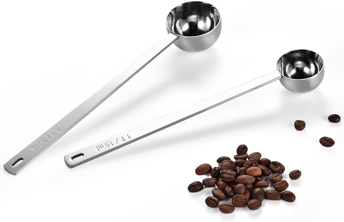 U-Taste Coffee Scoop 1 & 2 Tbsp: 18/8 Stainless Steel Measuring Scooper for Ground Coffee Bean Espresso, 6.9in Extra Long Handle Metal Meaure Spoon
