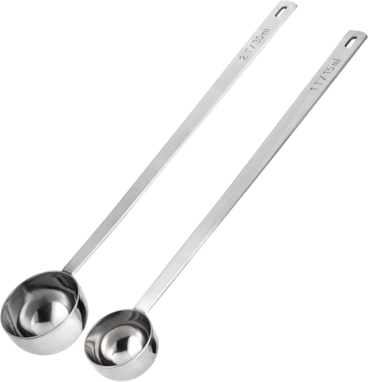 U-Taste Coffee Scoop 1 & 2 Tablespoon: 18/8 Stainless Steel Measuring Scooper for Ground Coffee, Bean, Powder, Espresso, 8.5in Long Handle Metal Meaure Spoon for Canister, Jar (15ml+30ml, Silver)