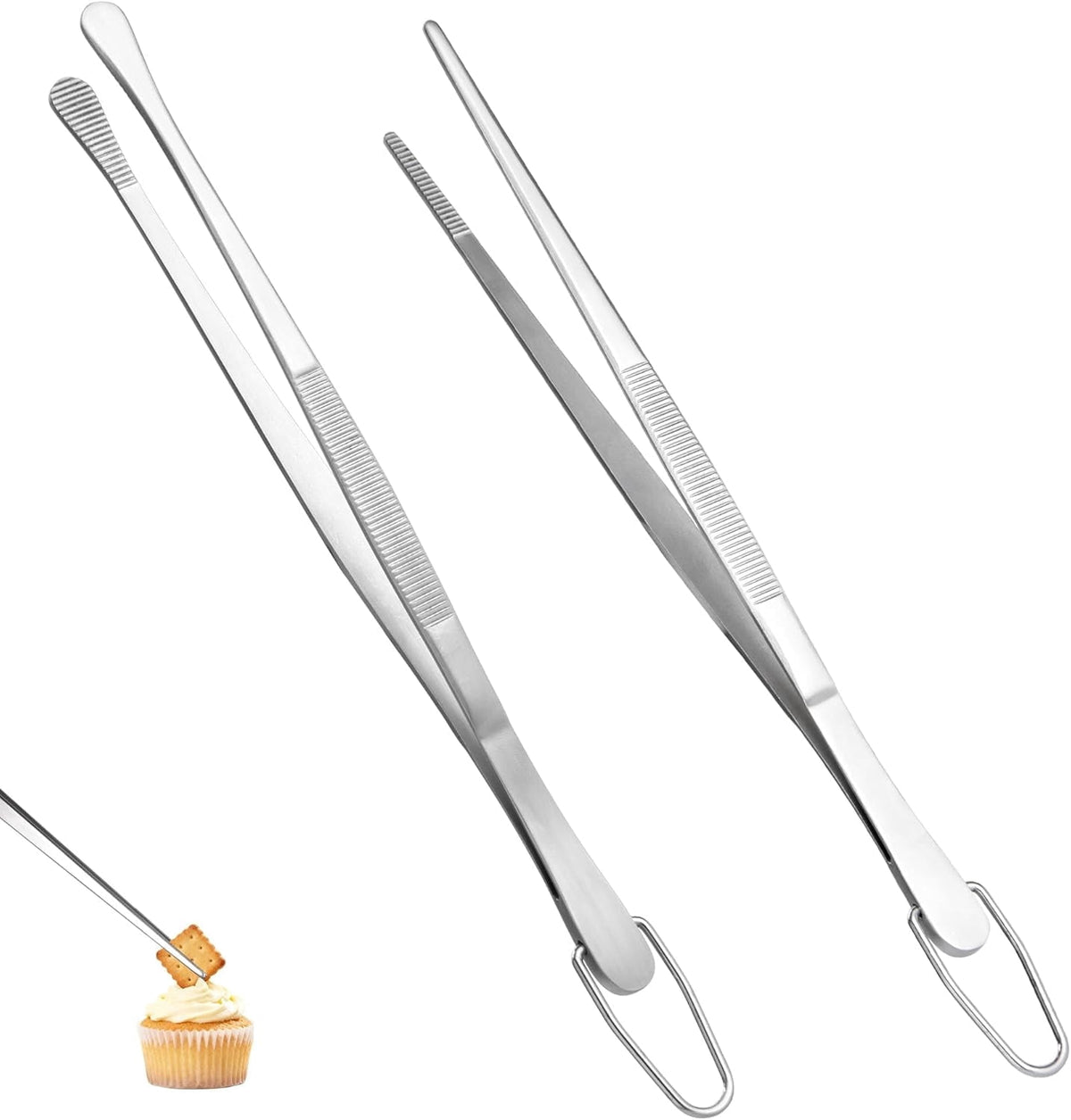 U-Taste Kitchen Cooking Tweezers, 18/8 Stainless Steel Food Grade Metal Food Tong Set, Non Slip Tips for Plating Serving Grill, 8in/Round+Pointed Tip