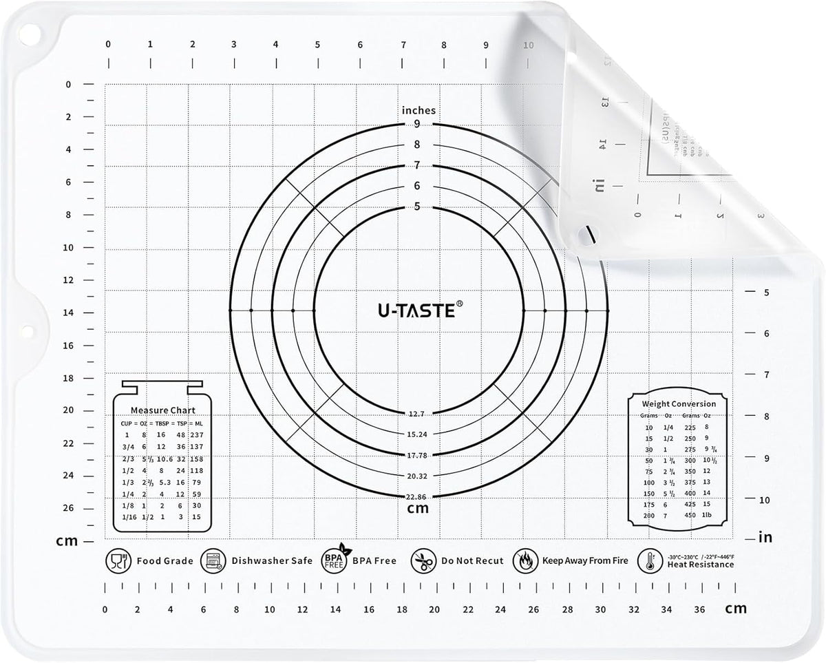 U-Taste 20"x16" Silicone Pastry Mat, Food Grade Dough Rolling Baking Sheet, Non Slip for Kneading Pizza Cookie Pie Crust, Clear Measurement, Clear