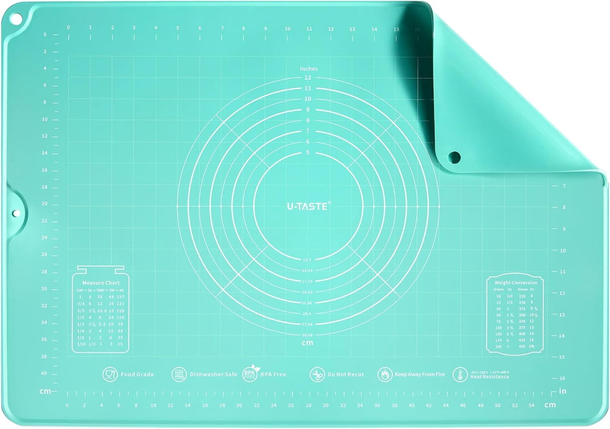 U-Taste 20"x16" Silicone Pastry Mat, Food Grade Dough Rolling Baking Sheet, Non Slip for Kneading Pizza Cookie Pie Crust, Clear Measurement, Aqua Sky