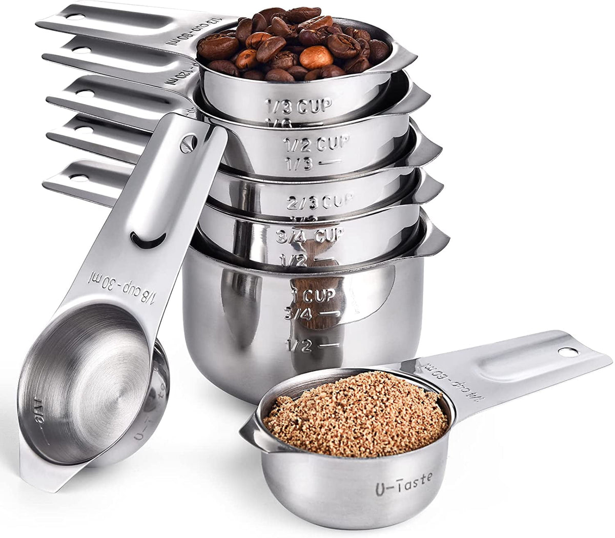 U-Taste Metal Measuring Cups Set of 7, 18/8 Stainless Steel Kitchen Gadgets for Cooking Baking Dry and Liquid Ingredients, Stackable Nesting Design
