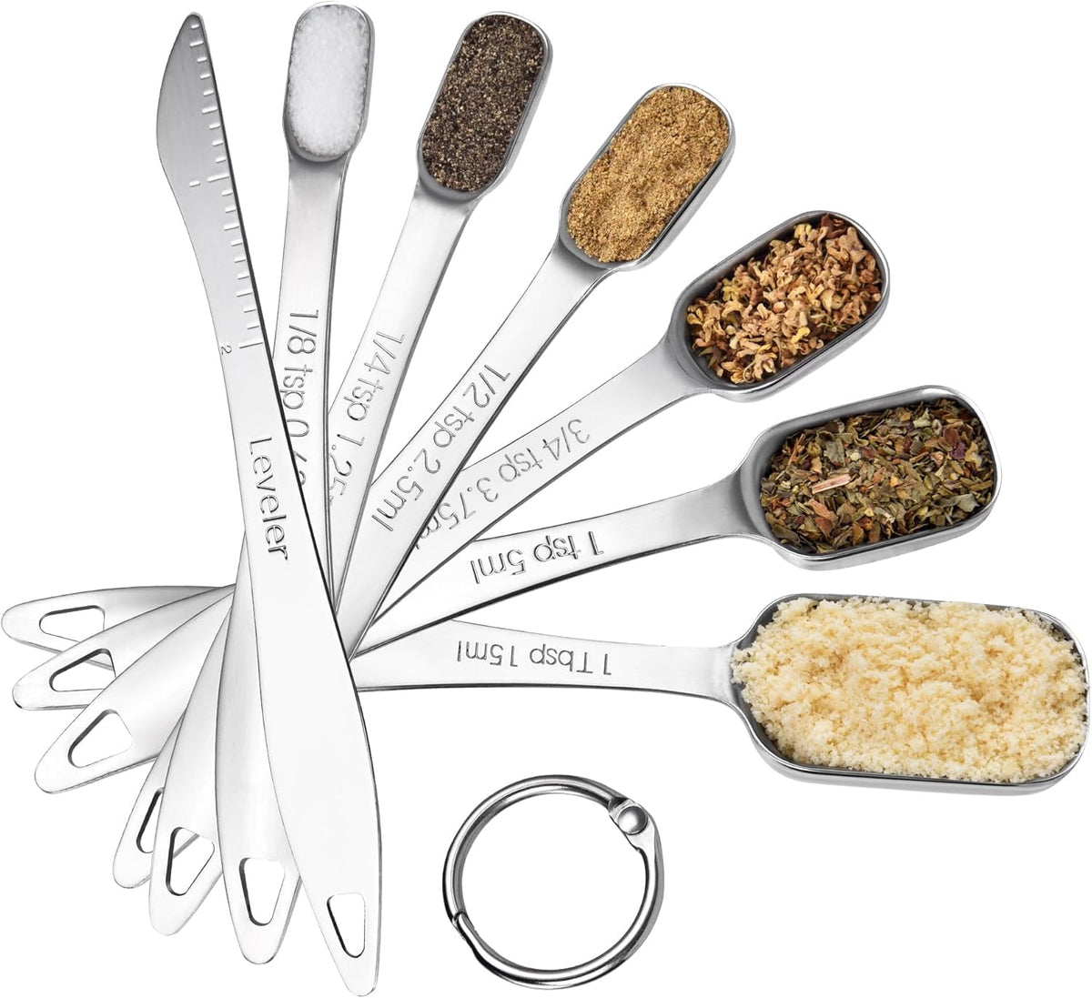 U-Taste Narrow Square Measuring Spoons Set of 7, 18/8 Stainless Steel Measure Teaspoon Tablespoon with Leveler, Rectangular Jar Scoop for Spice Jars