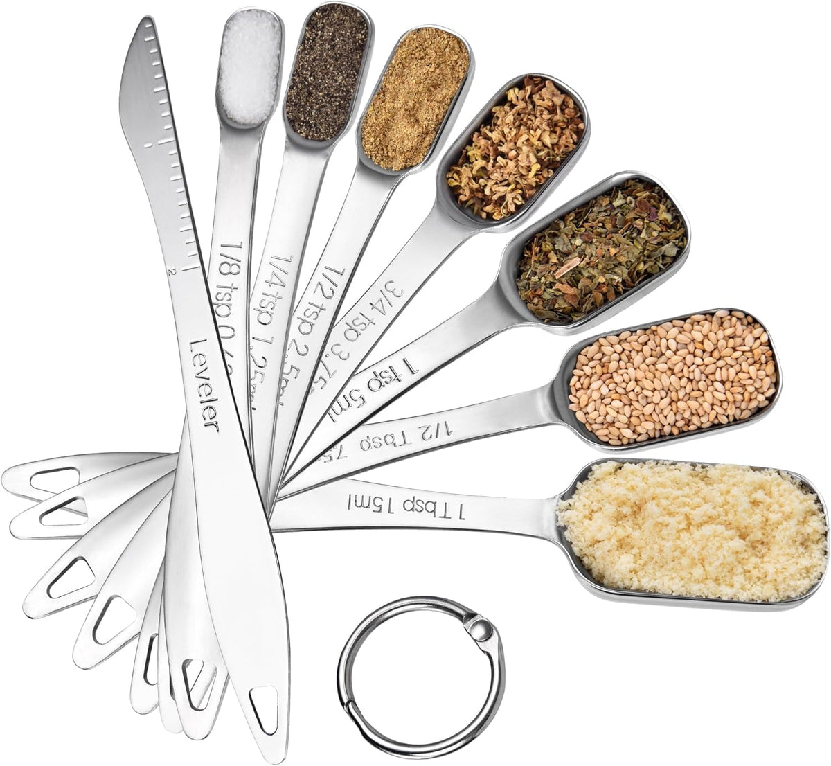 U-Taste Narrow Square Measuring Spoons Set of 8, 18/8 Stainless Steel Measure Teaspoon Tablespoon with Leveler, Rectangular Jar Scoop for Spice Jars