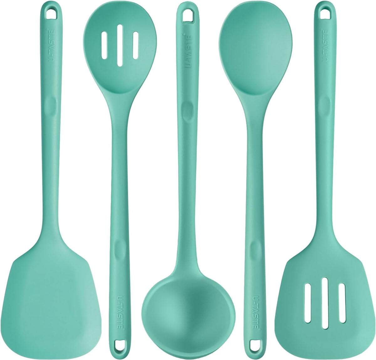 U-Taste Silicone Kitchen Cooking Utensil Set of 5, 446°F Heat Resistant Food Grade Kitchen Tools, 13.6" Long Spatula Turner Spoon Ladle , Aqua Sky