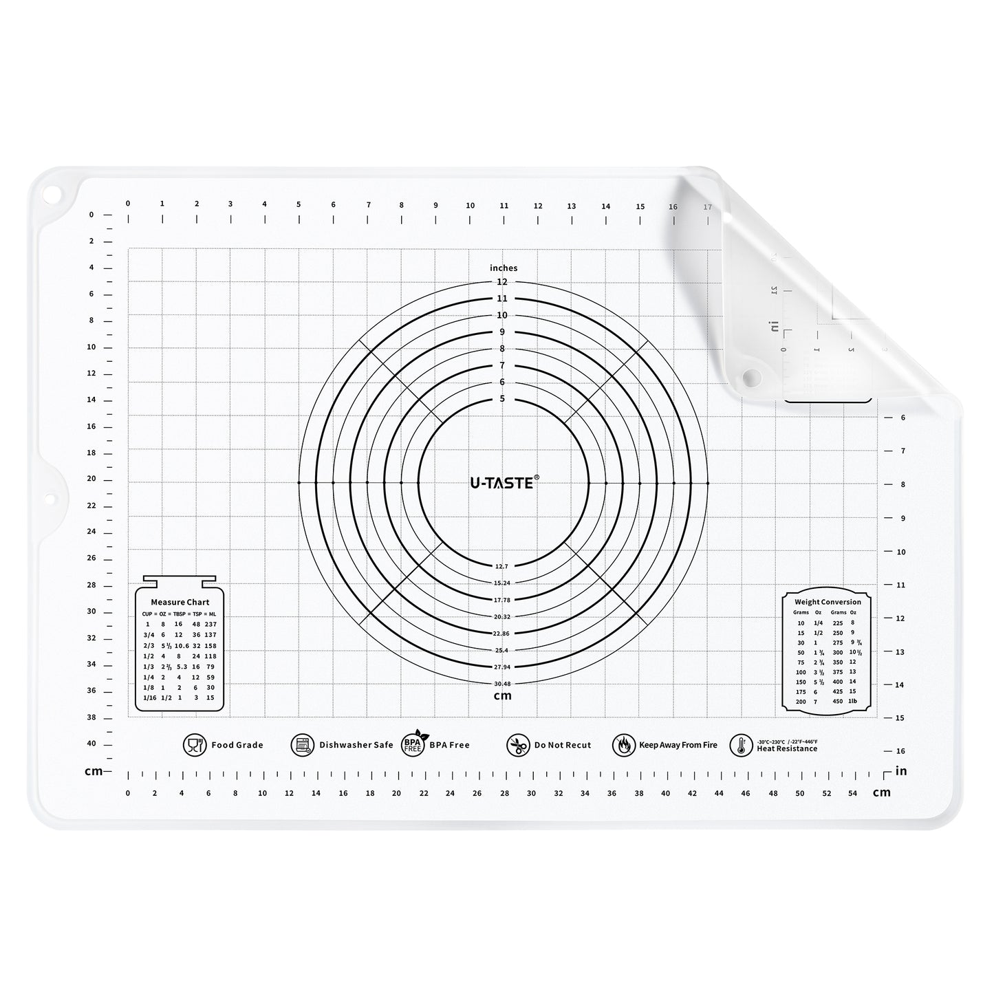 U-Taste Liquid Silicone Pastry Mat: 16"x20" Food-Grade Non-Stick Dough Rolling Baking Sheet, Non Slip for Kneading, Making Pizza, Fondant, Pie Crust with Clear Measurement and Raised Edges