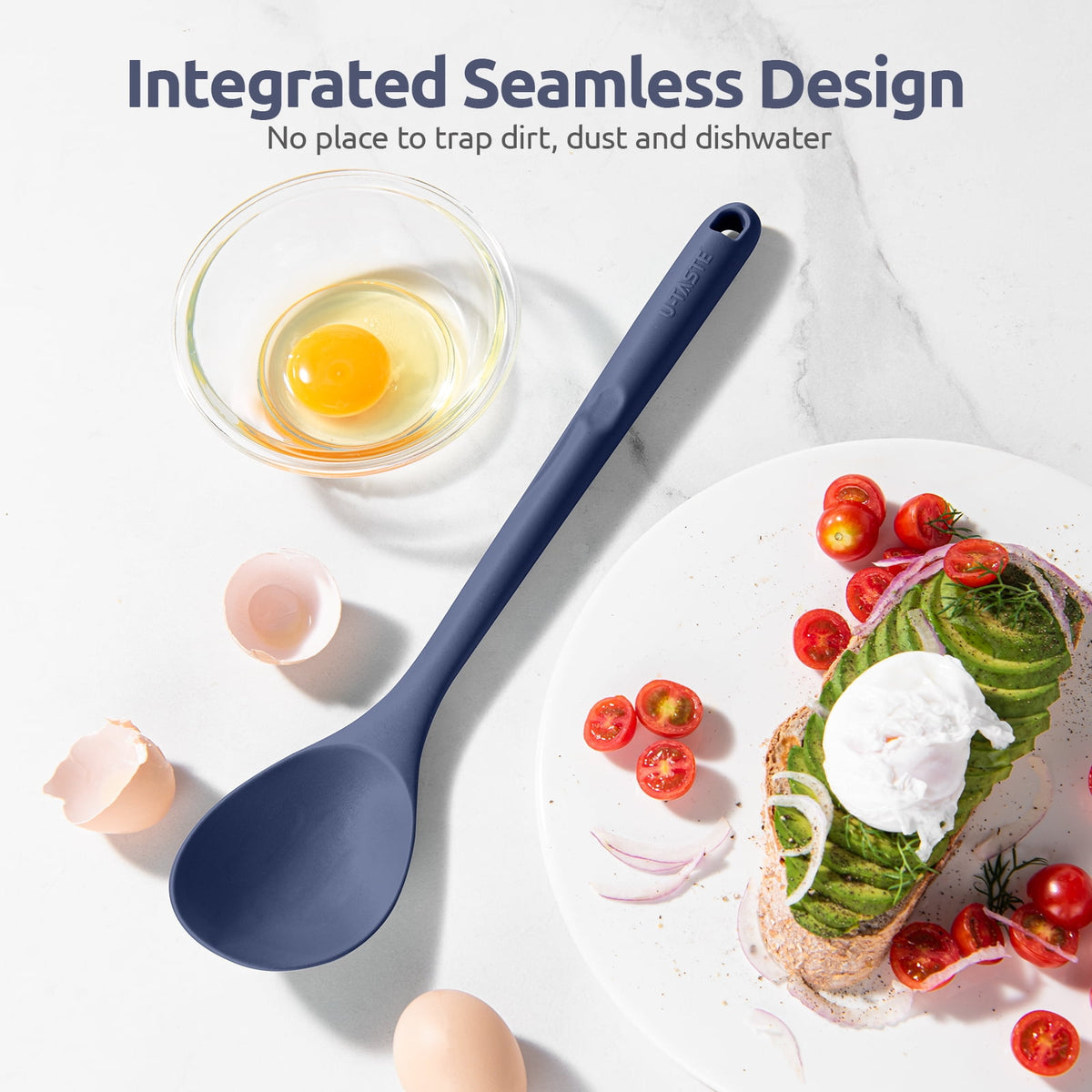 U-Taste 600°F Heat Resistant Silicone Cooking Spoon, 13.3" Long Large Mixing Spoon, Rubber Kitchen Utensil for Stirring/Basting/Serving, Midnight Blue