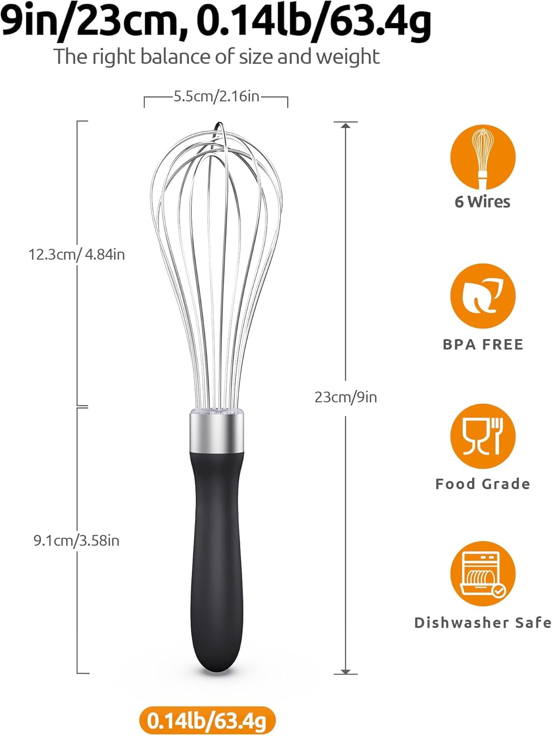 U-Taste Kitchen Wire Whisk for Cooking, 18/10 Stainless Steel Egg Beater with 6 Wires, Baking Tool for Whisking Mixing Stirring, Small, Black