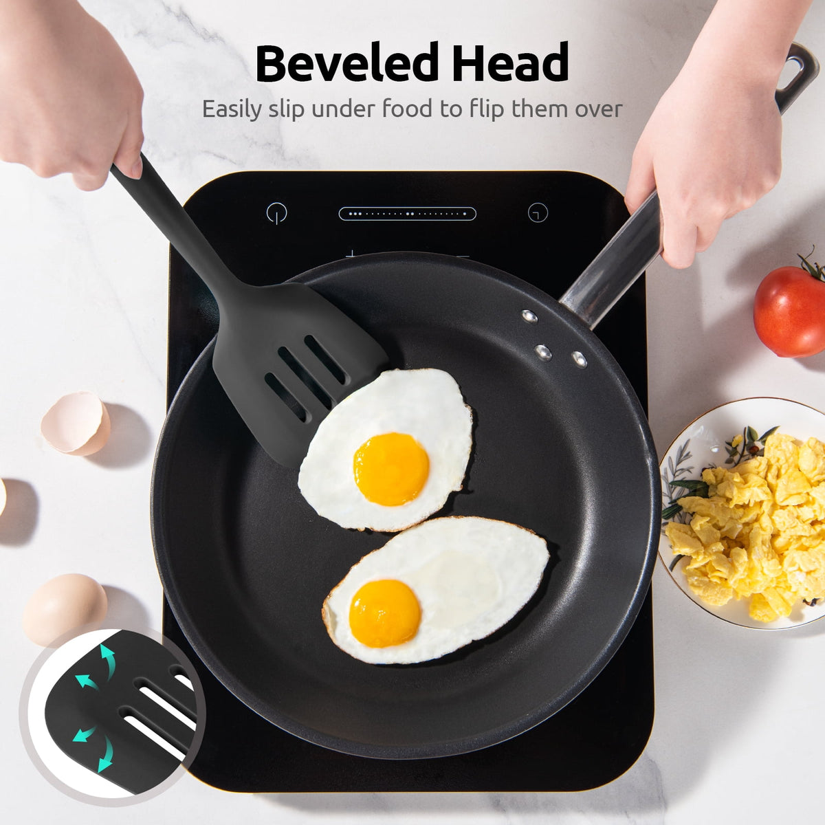 600°F Heat Resistant Slotted Turner: U-Taste 13.6in Silicone Kitchen Spatula Flipper, 3.85in Wide BPA Free Flexible Thin Rubber Cooking Utensil for Egg, Pancake, Cookie in Nonstick Cookware (Black)