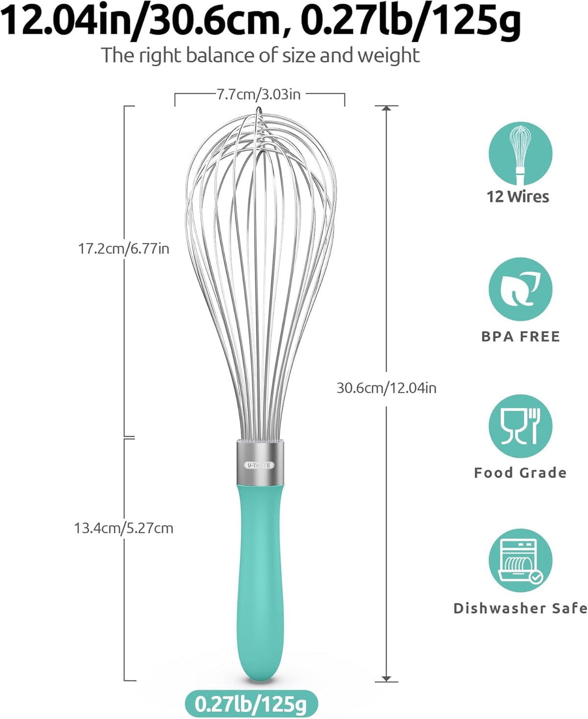 U-Taste Kitchen Wire Whisk for Cooking, 18/10 Stainless Steel Egg Beater with 12 Wires, Baking Tool for Whisking Mixing Stirring Blending, L, Aqua Sky
