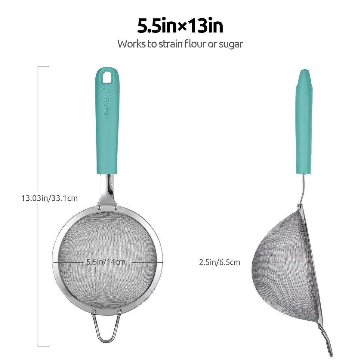 U-Taste 18/8 Stainless Steel Mesh Strainer, 30 Mesh Fine Sieve Food Strainer, Kitchen Colander for Straining Quinoa/Flour/Pasta/Fruit, 5.5in, Aqua Sky