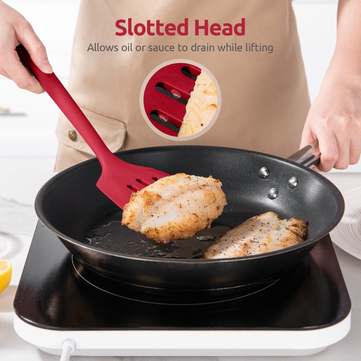 600°F Heat Resistant Slotted Turner: U-Taste 13.6in Silicone Kitchen Spatula Flipper, 3.85in Wide BPA Free Flexible Thin Rubber Cooking Utensil for Egg, Pancake, Cookie in Nonstick Cookware (Red)