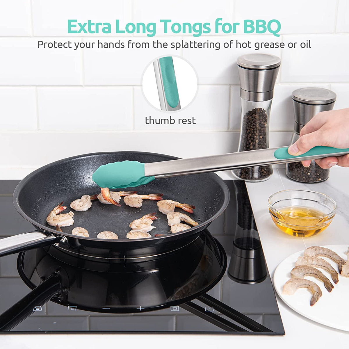 U-Taste Kitchen Tong for Cooking, 480ºF Heat-Resistant Silicone Tips, Extra Long Large Food Tong for Outdoor BBQ Grilling Grabbing, 16in, Aqua Sky
