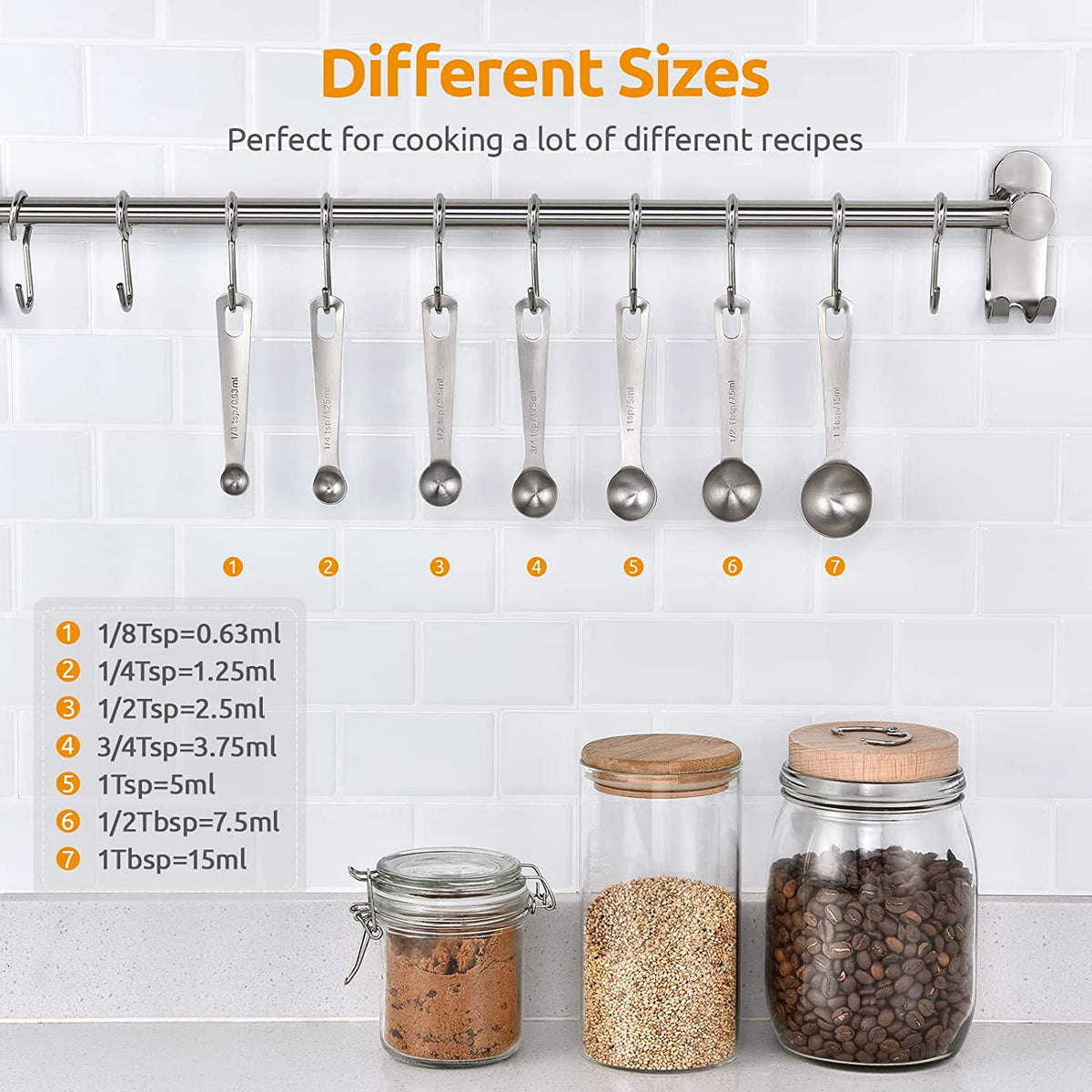 U-Taste 18/8 Stainless Steel Measuring Spoons Set of 8: 1/8 Tsp, 1/4 Tsp, 1/2 Tsp, 3/4 Tsp, 1 Tsp, 1/2 Tbsp, 1 Tbsp for Dry and Liquid Ingredient