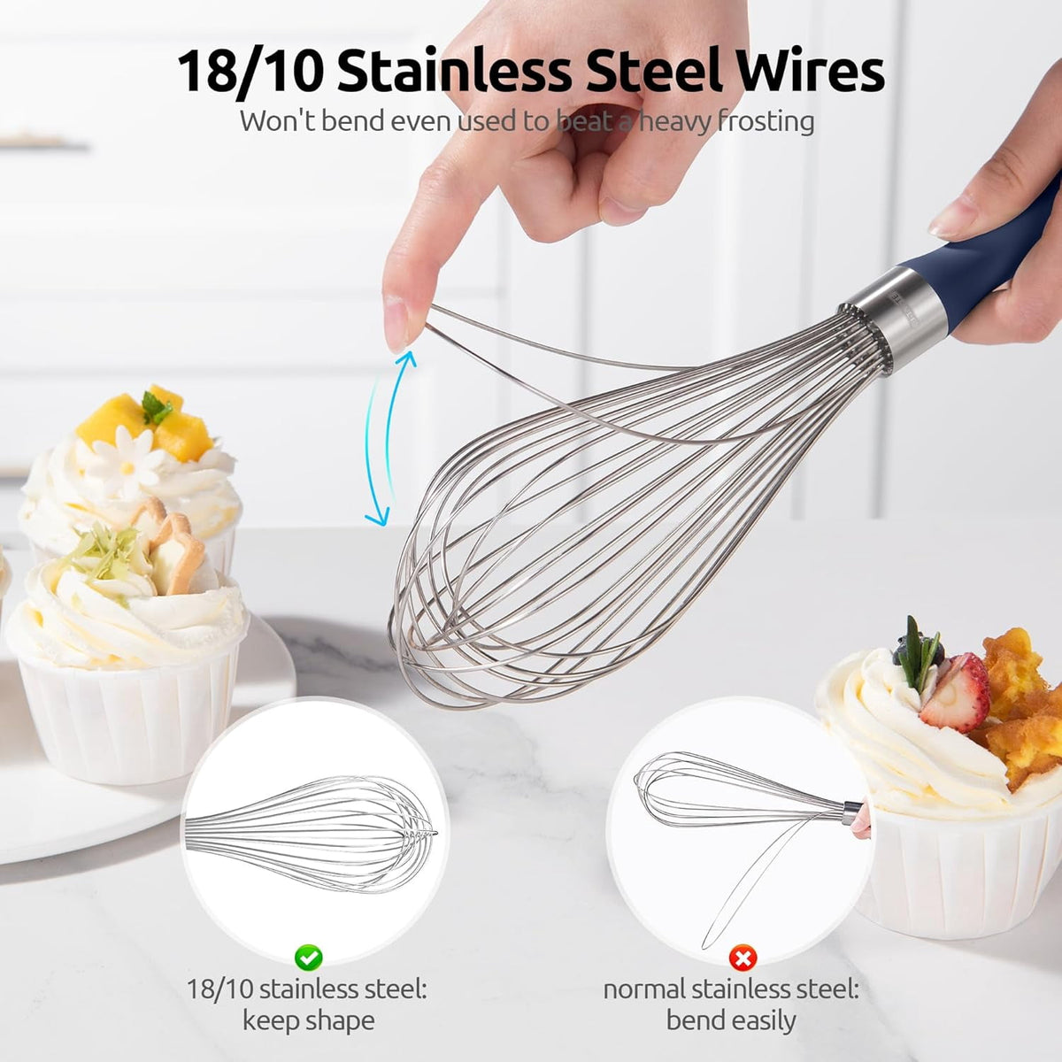 U-Taste Kitchen Wire Whisk for Cooking, 18/10 Stainless Steel Egg Beater with 12 Wires, Baking Tool for Whisking Mixing Stirring, L, Midnight Blue