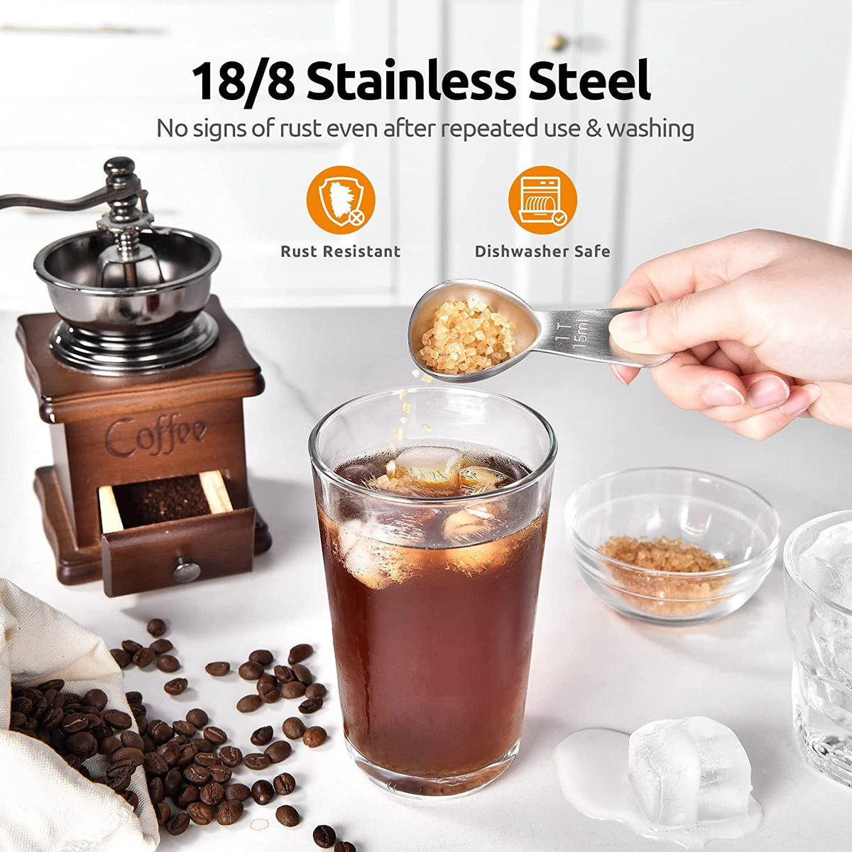 U-Taste 18/8 Stainless Steel Coffee Scoop, Durable Metal Measuring Spoon for Ground Coffee, Short Handle Tablespoon Scooper, 1 Tbsp Scoop Set of 2