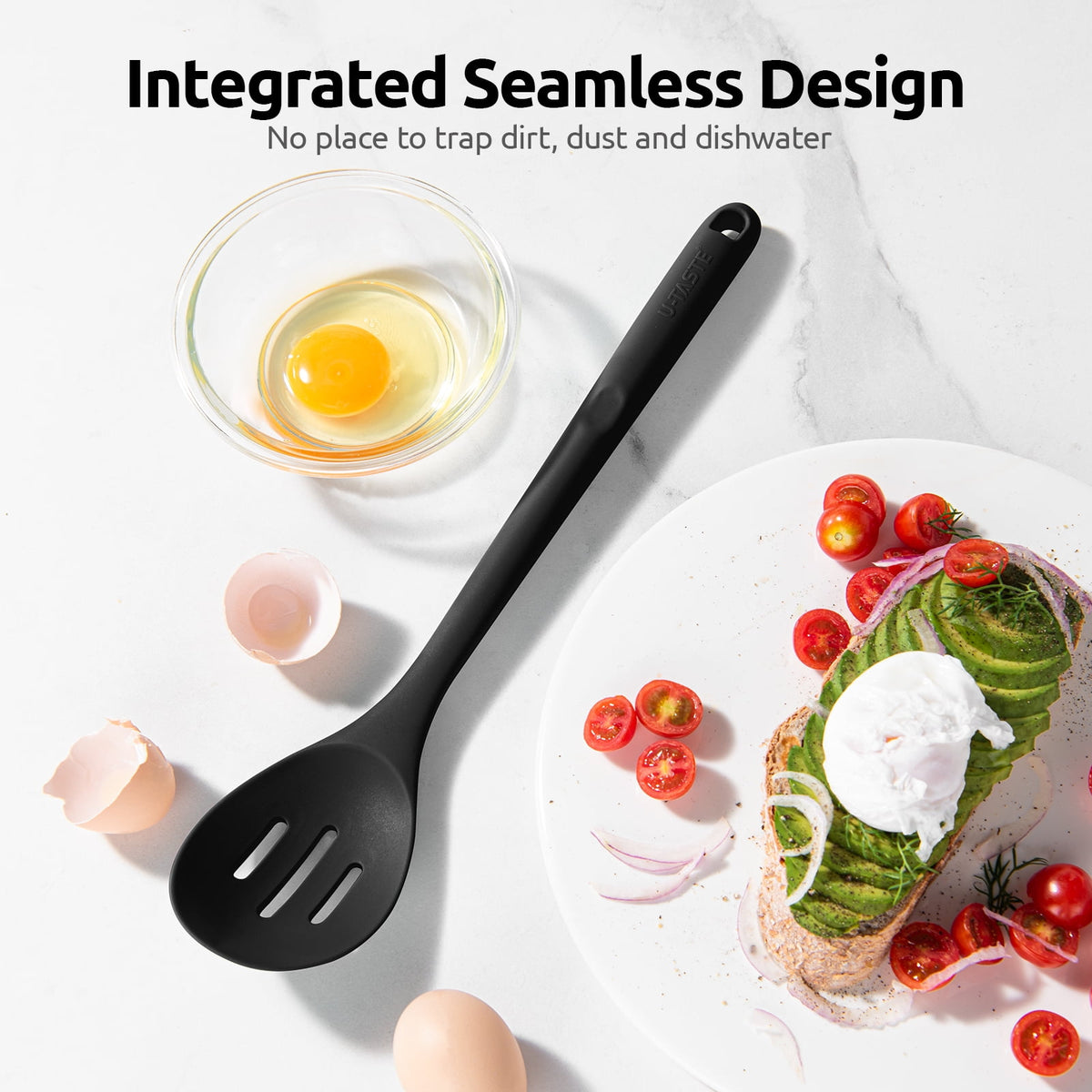 U-Taste 600°F Heat Resistant Silicone Slotted Spoon, 13.3in Long Large Cooking Spoon, Rubber Kitchen Utensil for Mixing/Stirring/Basting, Black