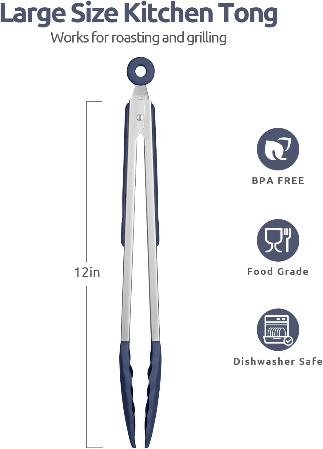 U-Taste Kitchen Tong for Cooking, 480ºF Heat-Resistant Non Stick Silicone Tips, Long Large Rubber Food Tong for Serving Grilling BBQ, 12in, Blue