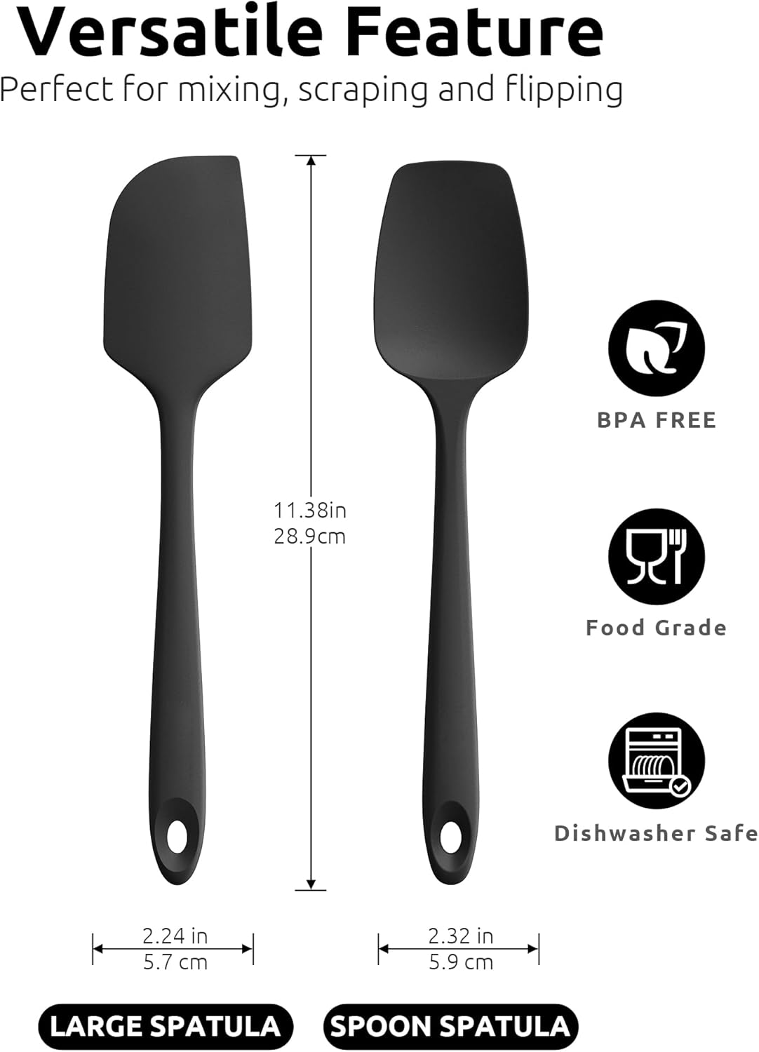 U-Taste Flat Spatula & Spoon Spatula, 600°F Heat Resistant Silicone Scraper, Flexible Rubber Cooking Mixing Baking Kitchen Utensils Set of 2, Black