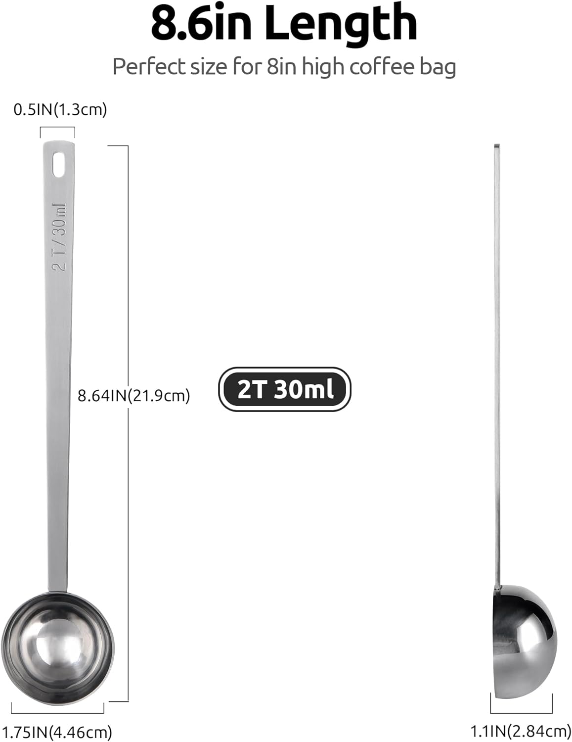 U-Taste Coffee Scoop 2 Tablespoon: 18/8 Stainless Steel Measuring Scooper for Ground Coffee Bean Espresso, 6.9in Extra Long Handle Metal Meaure Spoon