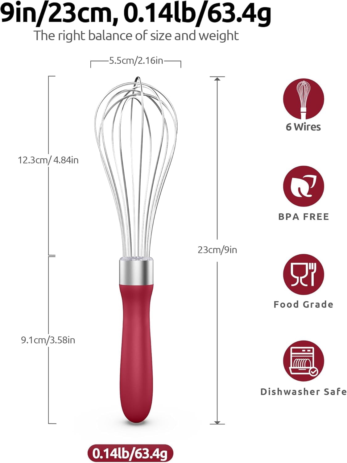 U-Taste Kitchen Wire Whisk for Cooking, 18/10 Stainless Steel Egg Beater with 6 Wires, Baking Tool for Whisking Mixing Stirring, Small, Red