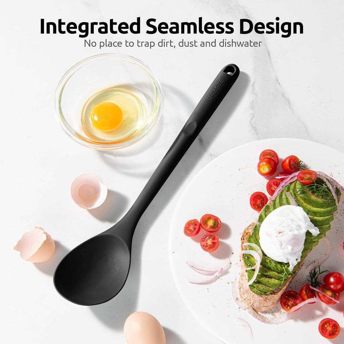 U-Taste 600°F Heat Resistant Silicone Spoons Set of 2, 13.3in Long Large Cooking Spoon, Rubber Kitchen Utensil for Mixing/Stirring/Serving, Black