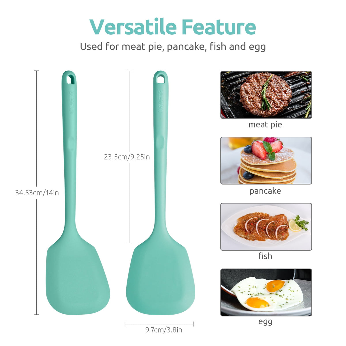 U-Taste 600°F Heat Resistant Silicone Turner, Solid Kitchen Spatula Cooking Utensil for Flipping Egg Pancake, 13.6" Long/3.7" Wide, Aqua Sky