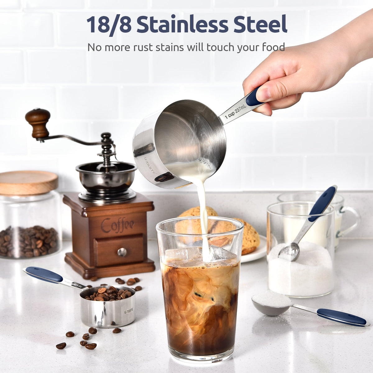 U-Taste 18/8 Stainless Steel Measuring Cups Spoons Set, Metal Stacking Measure Set for Baking Cooking, Reinforced Welded Joints, 12Pcs, Midnight Blue