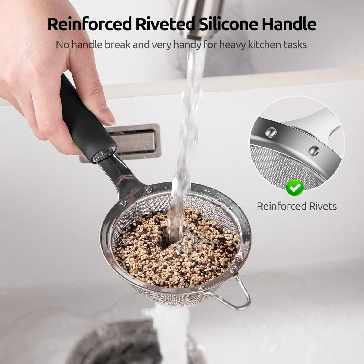 U-Taste Fine Mesh Strainer, 18/8 Stainless Steel Tea Coffee Strainer, Mini Small Fine Sieve, Metal Colander for Loose Tea/Juice/Pulp/Matcha, Black
