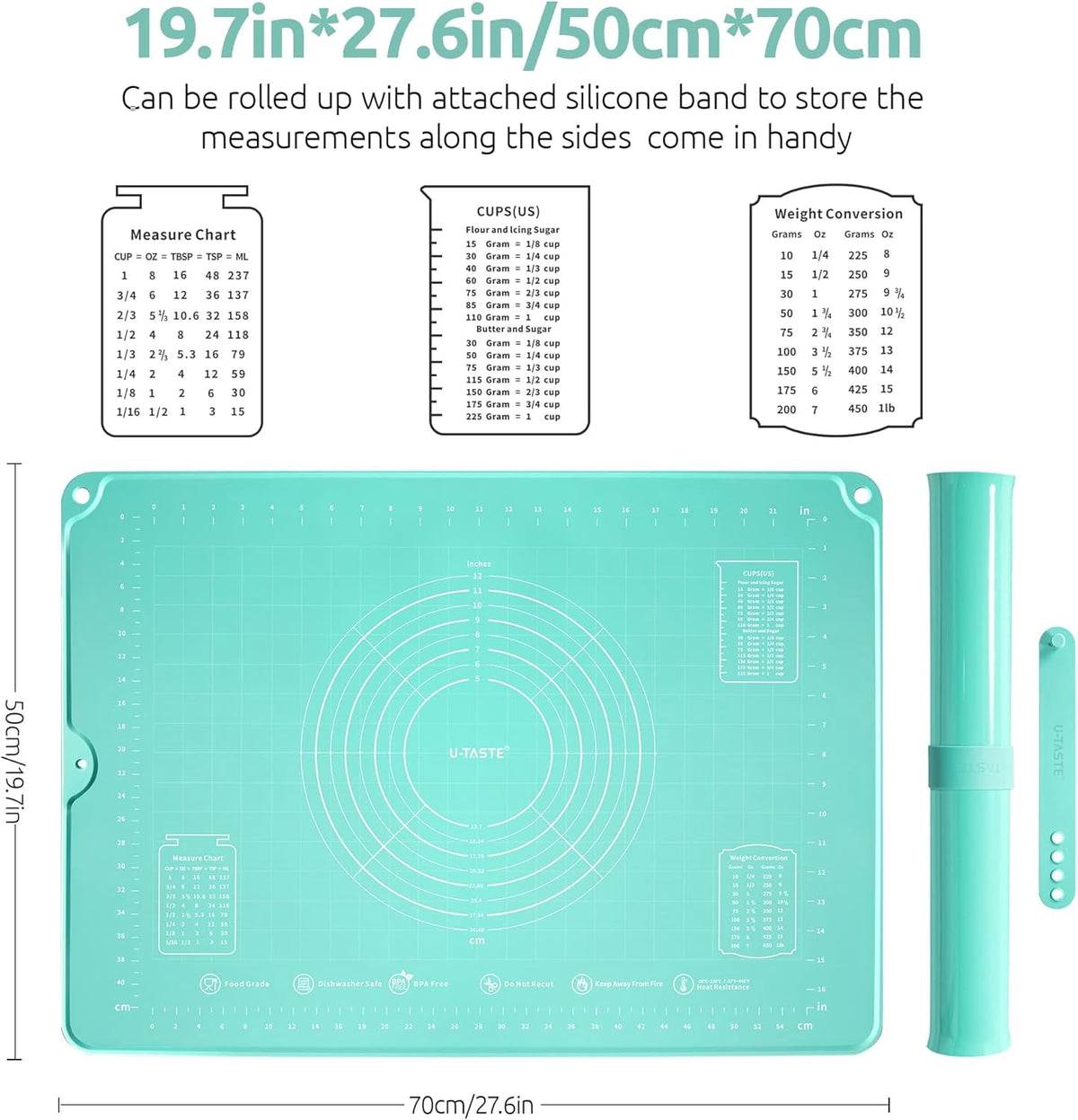 U-Taste 28"x20" Silicone Pastry Mat, Food Grade Dough Rolling Baking Sheet, Non Slip for Kneading Pizza Cookie Pie Crust, Clear Measurement, Aqua Sky