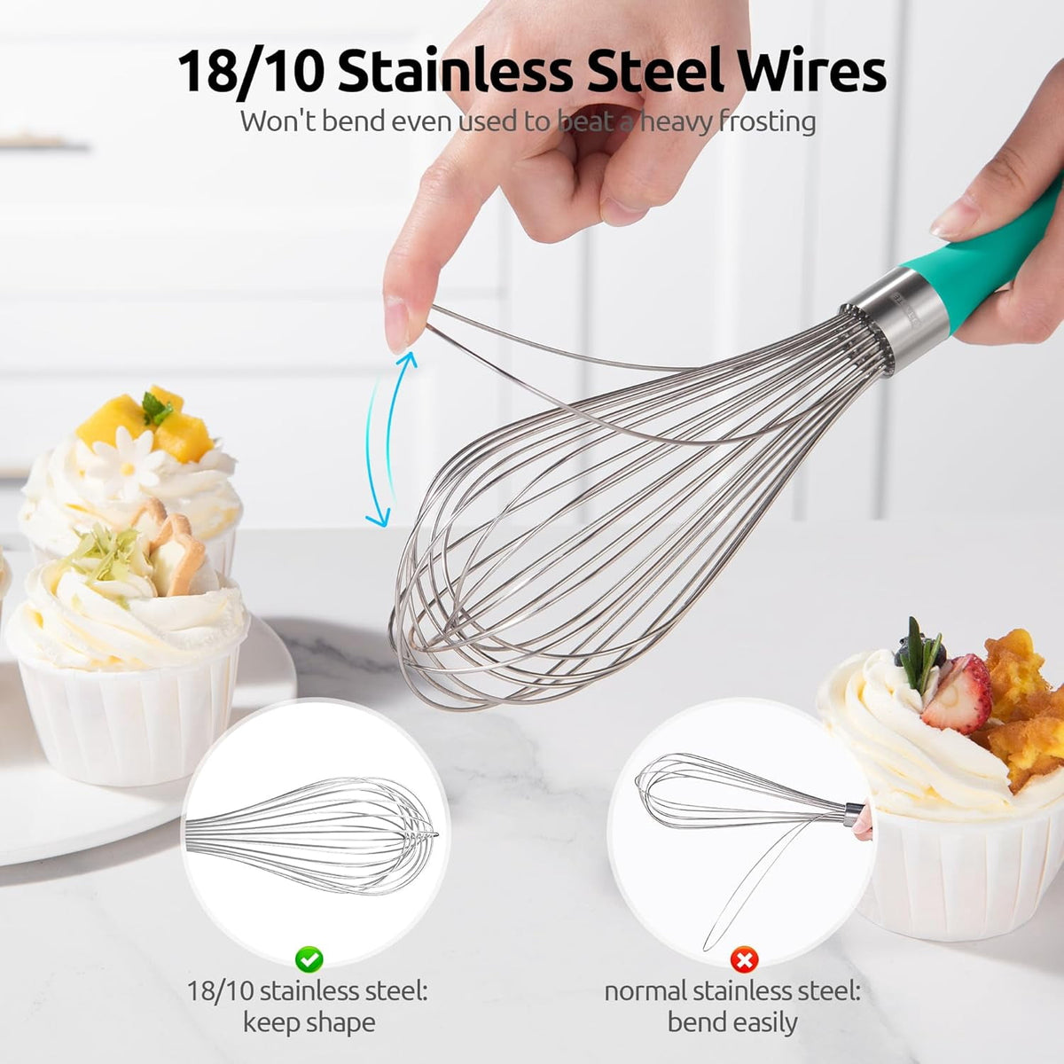 U-Taste Kitchen Wire Whisk for Cooking, 18/10 Stainless Steel Egg Beater with 12 Wires, Baking Tool for Whisking Mixing Stirring Blending, L, Aqua Sky