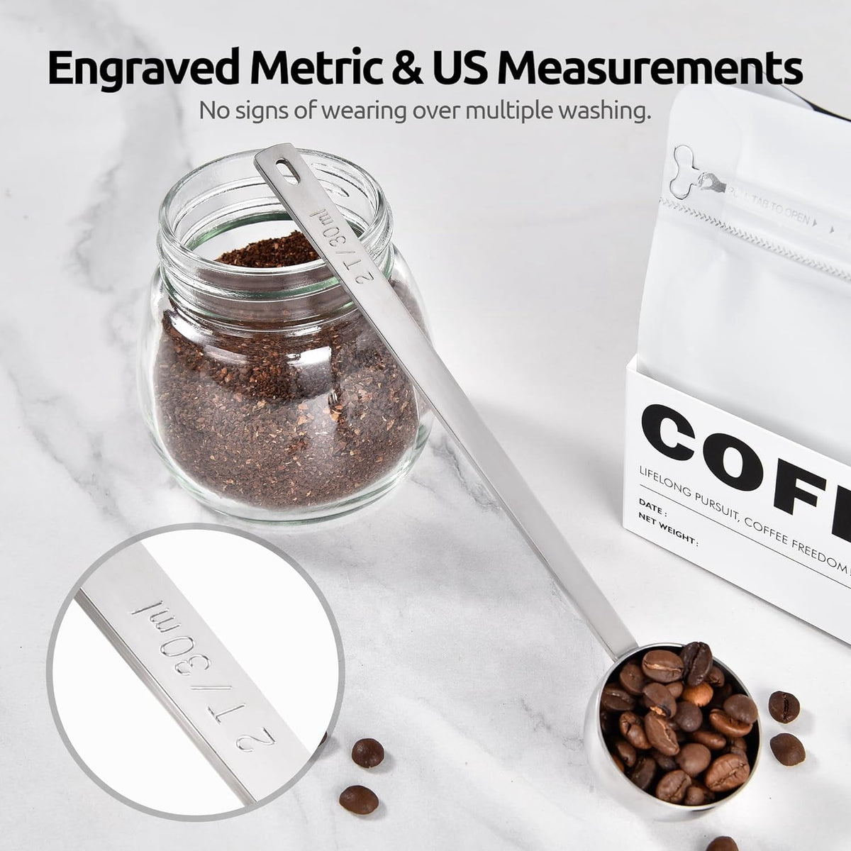 U-Taste Coffee Scoop 2 Tablespoon: 18/8 Stainless Steel Measuring Scooper for Ground Coffee Bean Espresso, 6.9in Extra Long Handle Metal Meaure Spoon