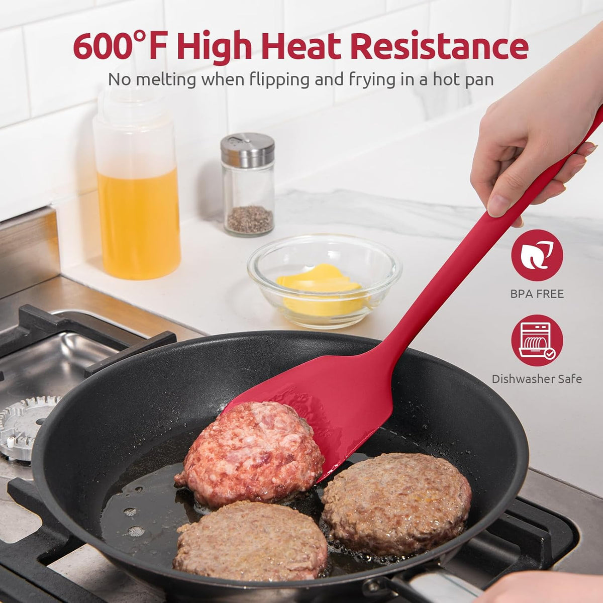 600°F Heat Resistant Silicone Turners: U-Taste 13.6in Long Solid & Slotted Kitchen Spatula Flipper, Food Grade Flexible Cooking Utensil for Flipping Egg, Pancake in Nonstick Cookware (Red, 2PCS)