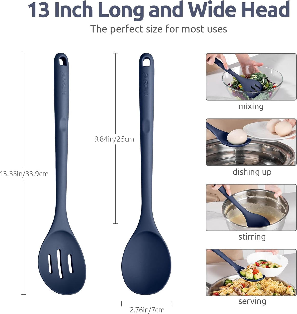 U-Taste 600°F Heat Resistant Silicone Spoons Set of 2, 13.3in Long Large Cooking Spoon, Kitchen Utensil for Mixing/Stirring/Serving, Midnight Blue