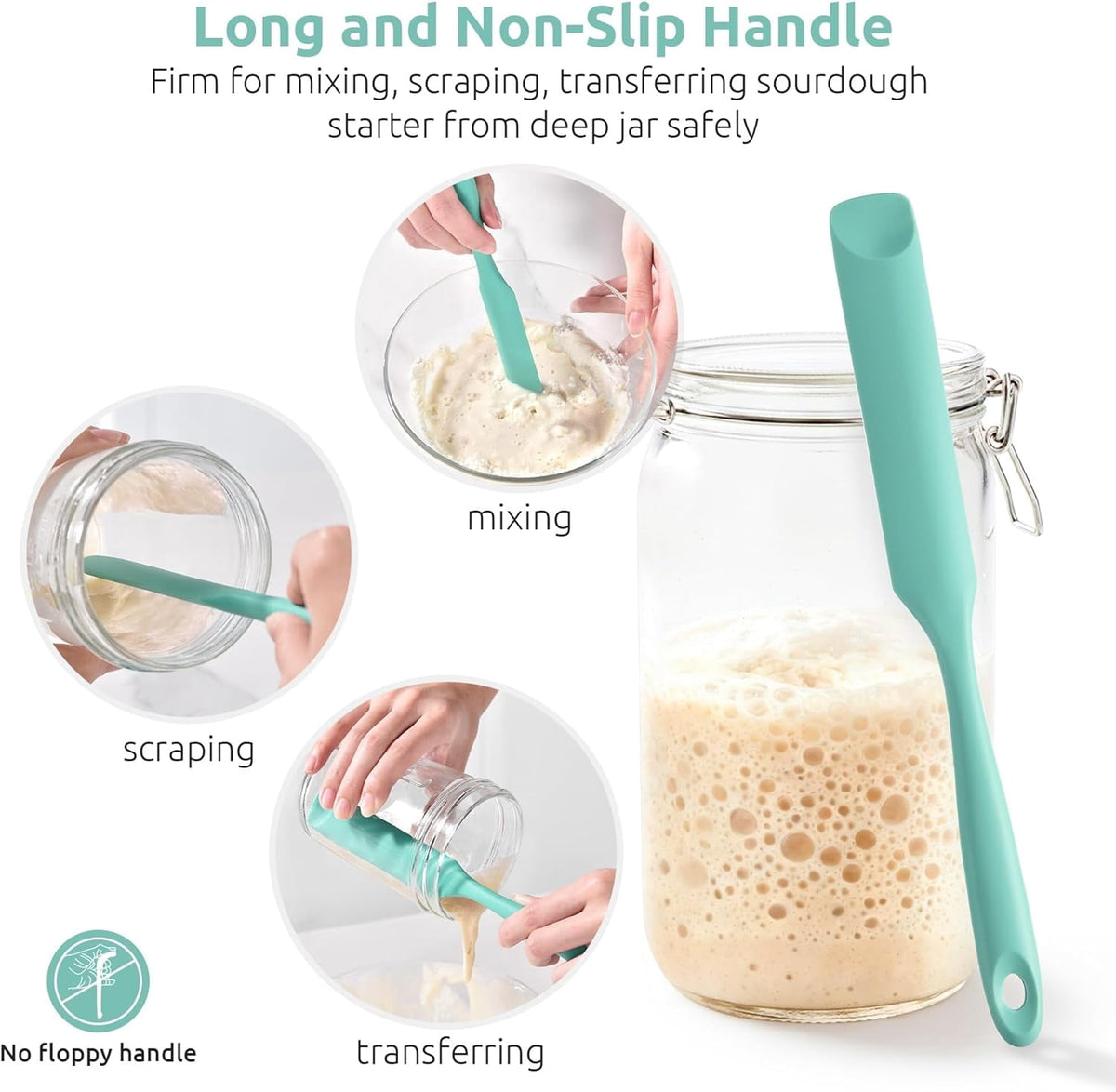 U-Taste Silicone Jar Spatula for Sourdough Starter: Long Skinny Food-Grade Jam Spreader, Sturdy Stirring Stick with Flexible Spoon Tip, Aqua Sky