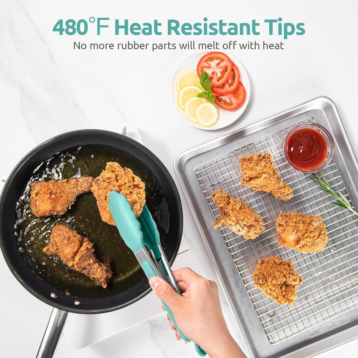 U-Taste Kitchen Tong for Cooking, 480ºF Heat-Resistant Silicone Tips, Rubber Food Tong for Serving Salad/Grill/BBQ/Steak/Pasta, 9in, Aqua Sky