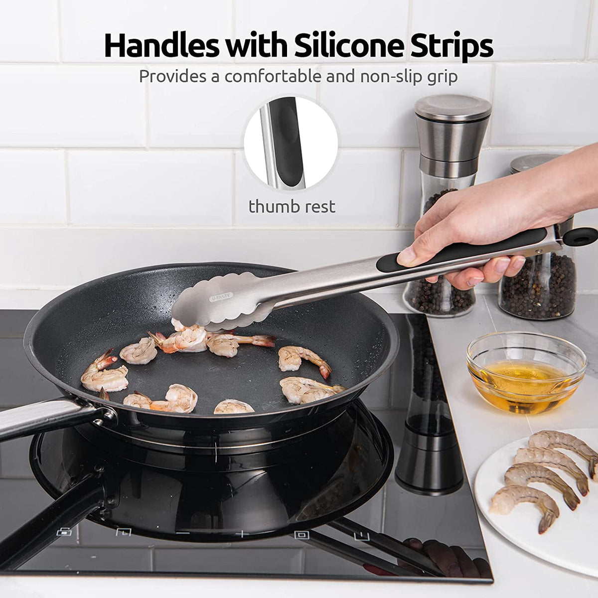 U-Taste 18/8 Stainless Steel Kitchen Tong for Cooking, Long Large Metal Tong for Serving Food Grilling BBQ, Non Slip Silicone Handle, 12in, Black
