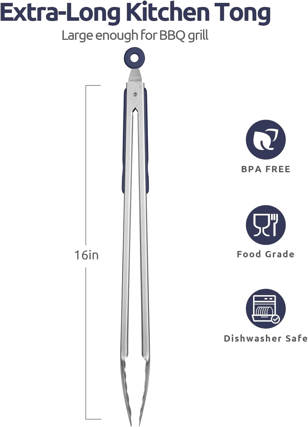 U-Taste 18/8 Stainless Steel Kitchen Tong for Cooking, Extra Long Large Food Tong for Outdoor BBQ Grilling, Non Slip Silicone Handle, 16in, Blue