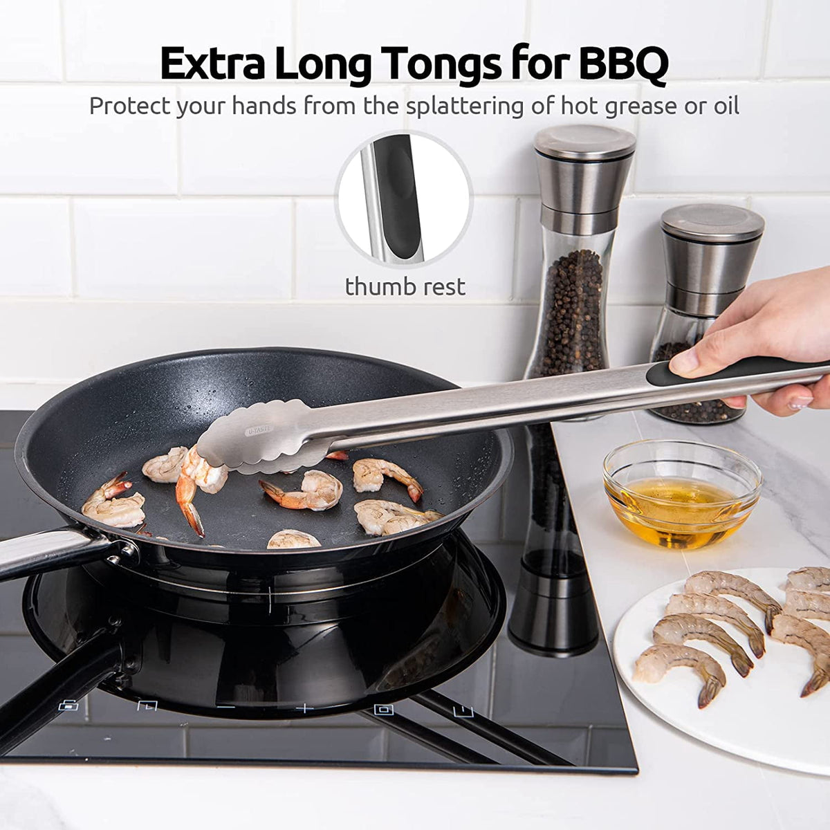 U-Taste 18/8 Stainless Steel Kitchen Tong for Cooking, Extra Long Large Food Tong for Outdoor BBQ Grilling, Non Slip Silicone Handle, 16in, Black