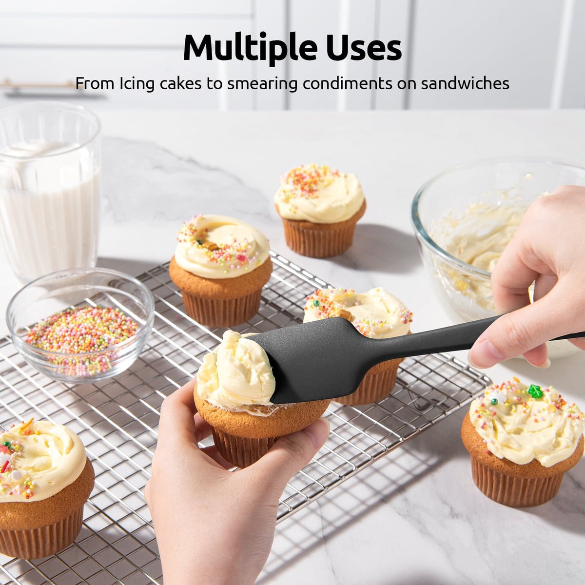 U-Taste Silicone Spatula Set of 3, 600°F High Heat Resistant Kitchen Cooking Utensils Baking Supplies, Food Grade Seamless Rubber Scraper, Black