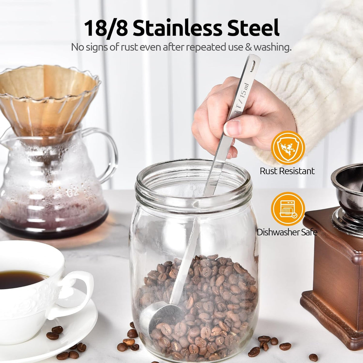 U-Taste Coffee Scoop 1 Tablespoon: 18/8 Stainless Steel Measuring Scooper for Ground Coffee Bean Espresso, 8.5in Extra Long Handle Metal Meaure Spoon