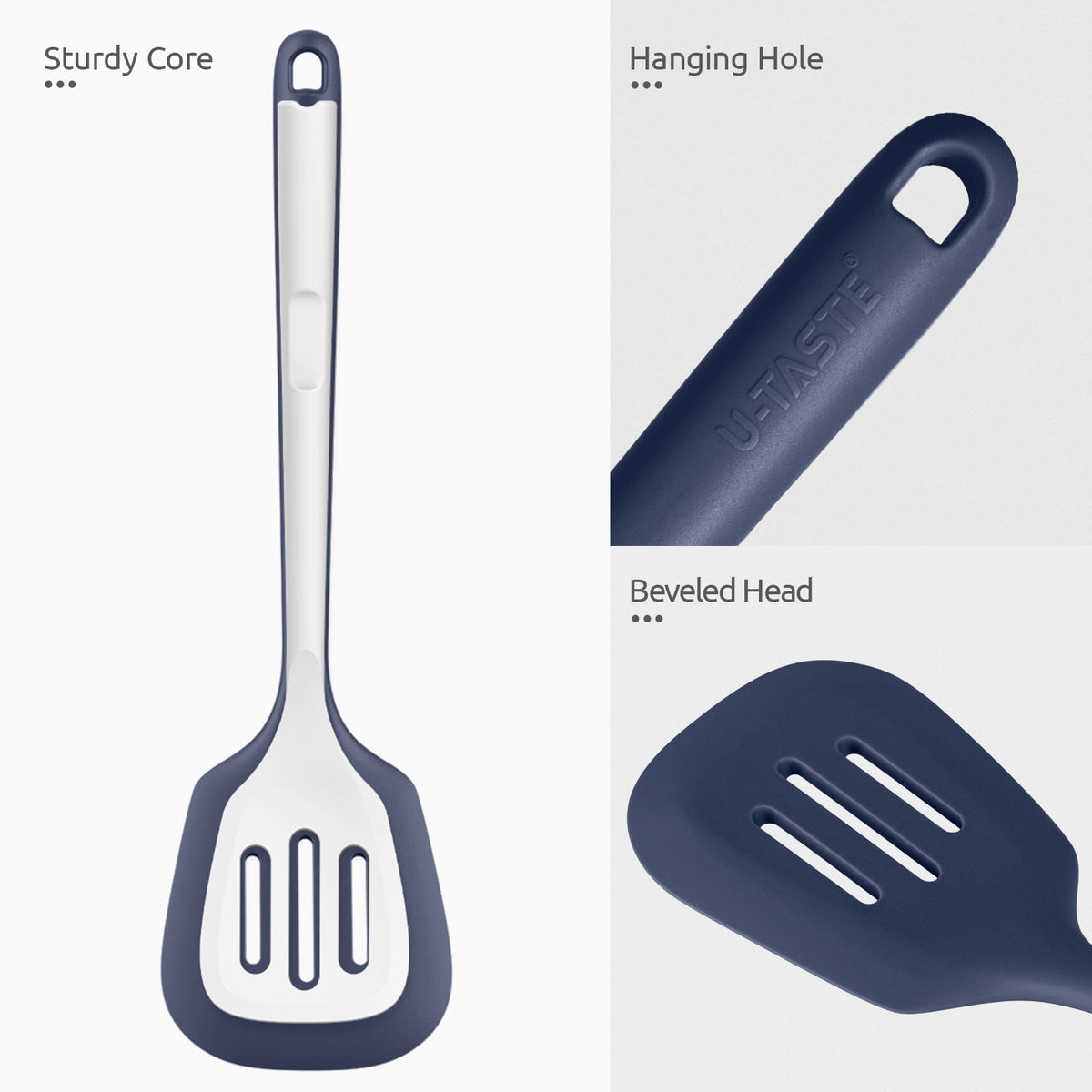 600°F Heat Resistant Slotted Turner: U-Taste 13.6in Silicone Kitchen Spatula Flipper, 3.85in Wide BPA Free Flexible Thin Rubber Cooking Utensil for Egg, Pancake in Nonstick Cookware (Midnight Blue)