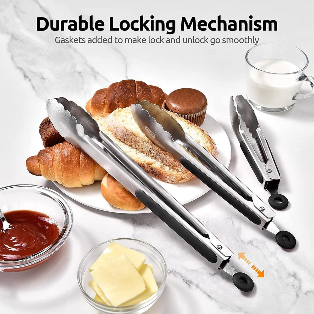 U-Taste 18/8 Stainless Steel Kitchen Tong for Cooking, Metal Tong Utensils Set for Food Serving, Rubber Salad/Grill/BBQ Tongs, 7/9/12in, Black